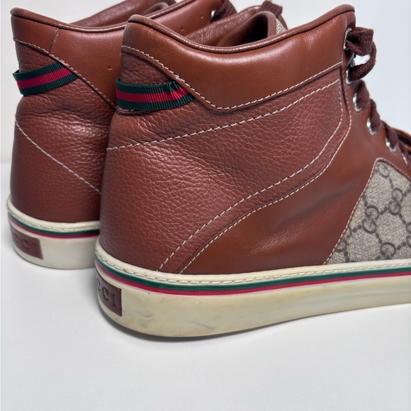 GUCCI Monogram Canvas Web GG Brown Leather High Top Men’s Sneaker Strap Size 12 - Picture 15 of 17